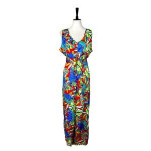 Nicole Miller Jumpsuit Wide Leg Belted V-neck  Red Blue Multi Women’s Size XL